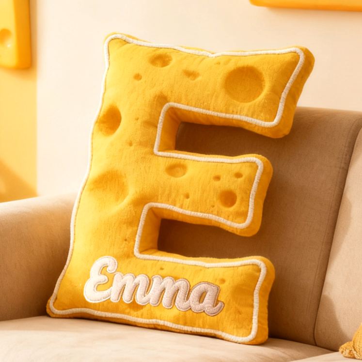Personalized Yellow Cheese Letter Initial Custom Name Soft Decorative Gift Fun Kitchen Theme Kids Room Alphabet Shape Graphic 3D Print Pillow