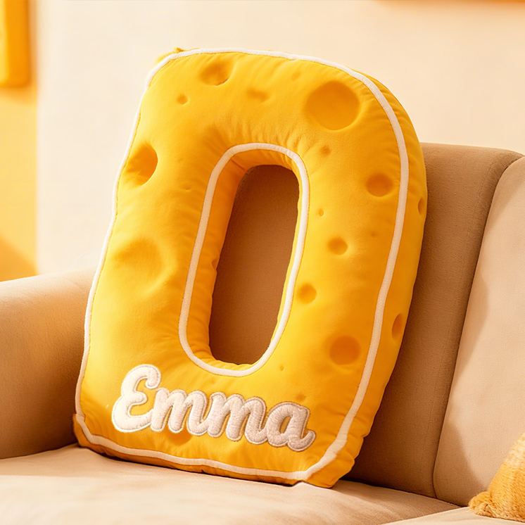Personalized Yellow Cheese Letter Initial Custom Name Soft Decorative Gift Fun Kitchen Theme Kids Room Alphabet Shape Graphic 3D Print Pillow