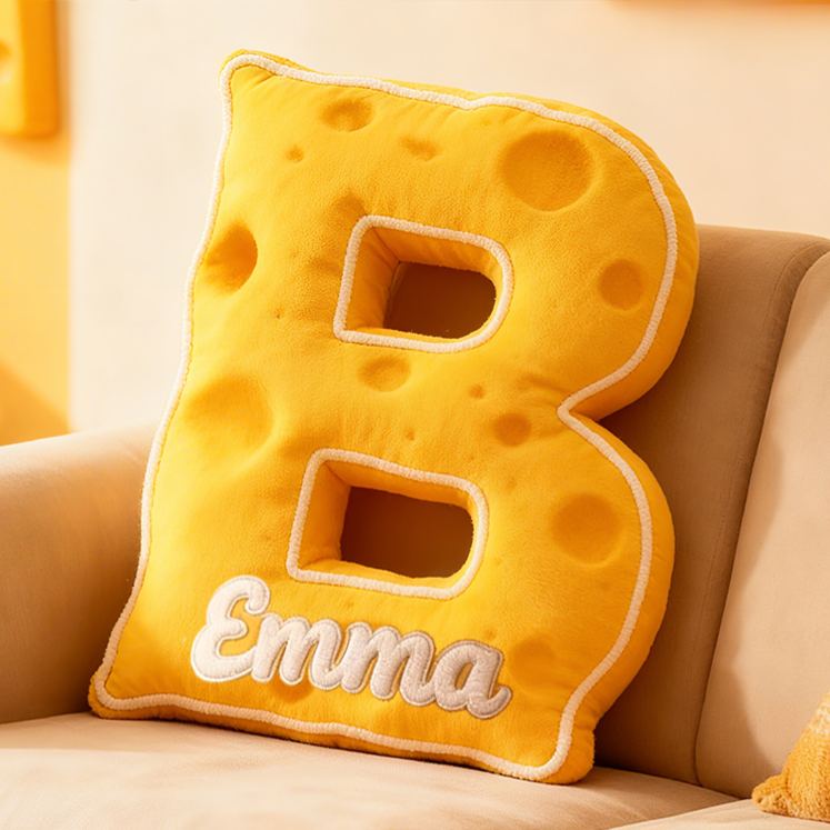 Personalized Yellow Cheese Letter Initial Custom Name Soft Decorative Gift Fun Kitchen Theme Kids Room Alphabet Shape Graphic 3D Print Pillow