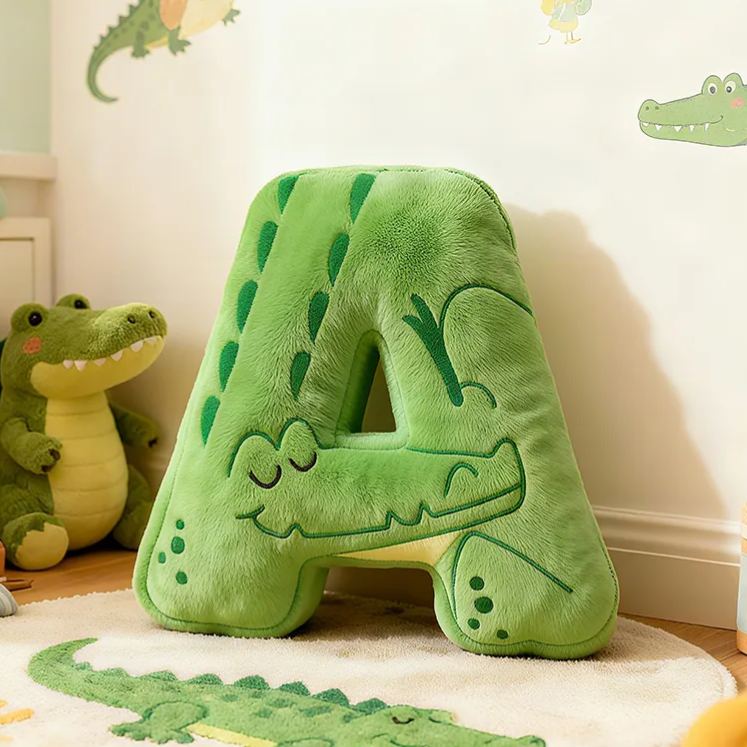 Personalized Green Crocodile Letter Initial Custom Name Soft Decorative Gift Fun Boys Room Jungle Animal Alphabet Graphic 3D Print Pillow