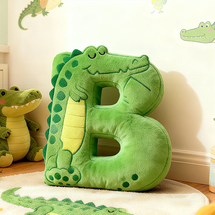 Personalized Green Crocodile Letter Initial Custom Name Soft Decorative Gift Fun Boys Room Jungle Animal Alphabet Graphic 3D Print Pillow