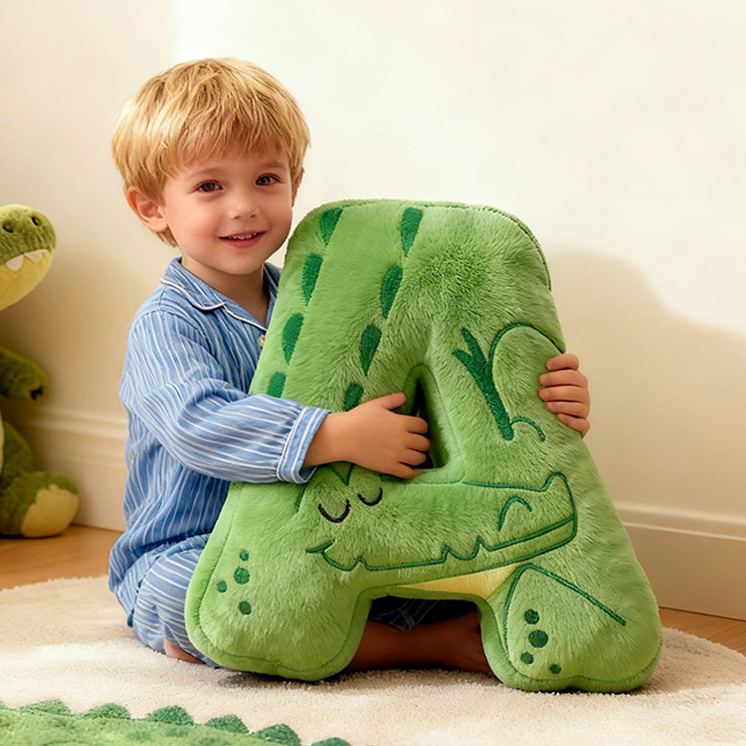 Personalized Green Crocodile Letter Initial Custom Name Soft Decorative Gift Fun Boys Room Jungle Animal Alphabet Graphic 3D Print Pillow