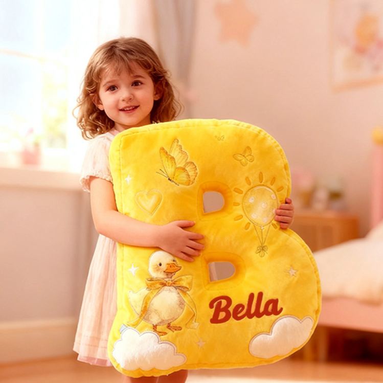 Personalized Yellow Duck Sun Cloud Letter Initial Custom Name Soft Decorative Gift Cheerful Kids Room Bright Alphabet Graphic 3D Print Pillow