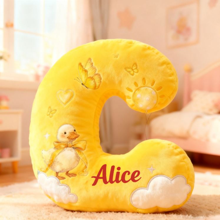 Personalized Yellow Duck Sun Cloud Letter Initial Custom Name Soft Decorative Gift Cheerful Kids Room Bright Alphabet Graphic 3D Print Pillow