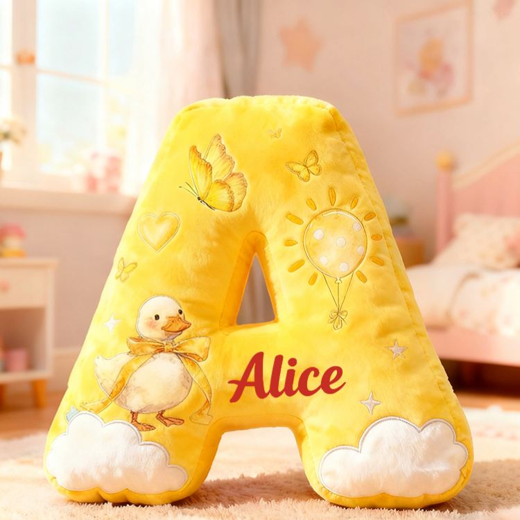 Personalized Yellow Duck Sun Cloud Letter Initial Custom Name Soft Decorative Gift Cheerful Kids Room Bright Alphabet Graphic 3D Print Pillow