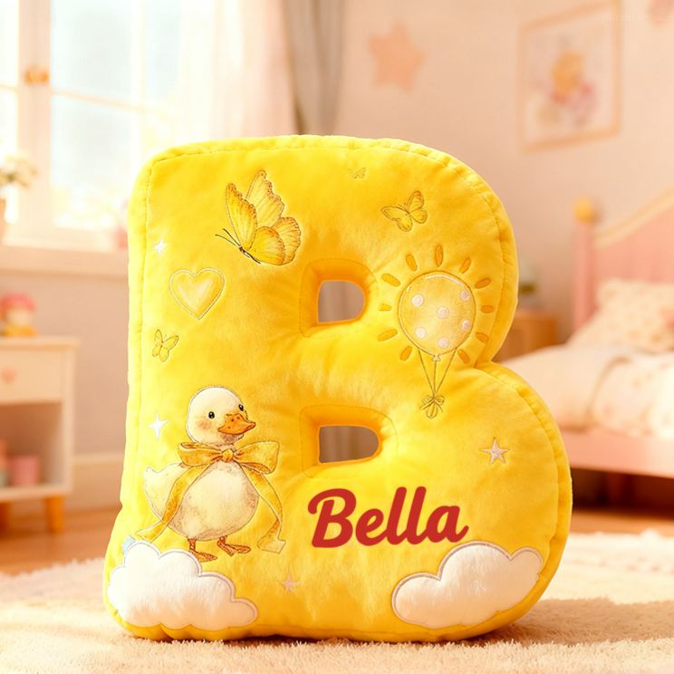 Personalized Yellow Duck Sun Cloud Letter Initial Custom Name Soft Decorative Gift Cheerful Kids Room Bright Alphabet Graphic 3D Print Pillow
