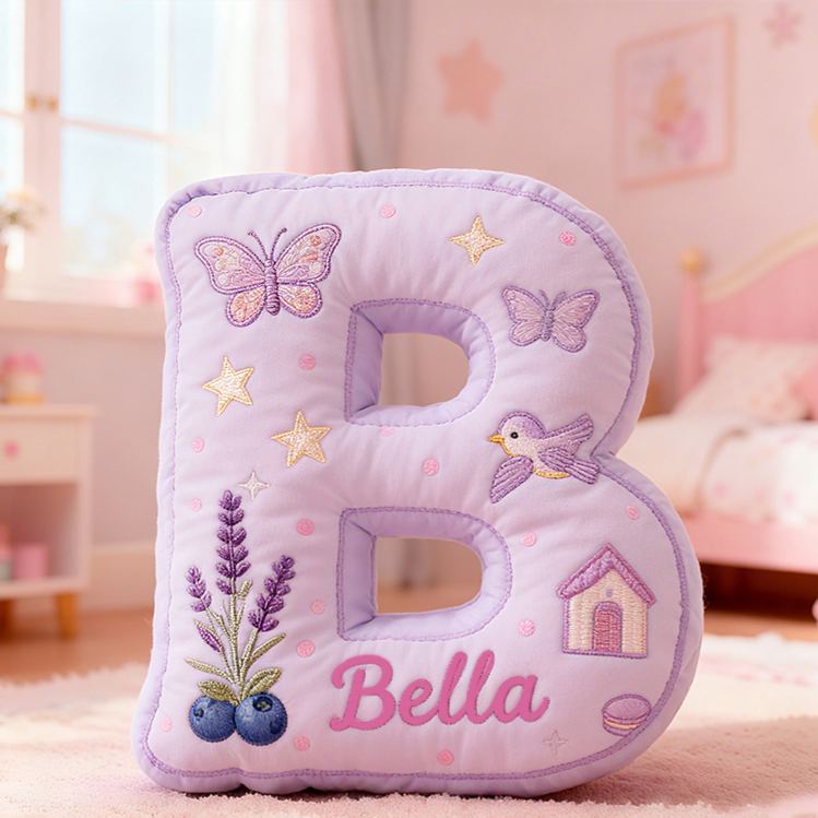 Personalized Purple Butterfly Star Lavender Letter Initial Custom Name Soft Decorative Gift Cozy Girls Room Sweet Alphabet Graphic 3D Print Pillow
