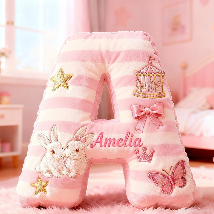 Personalized Pink Striped Bunny Star Butterfly Carousel Letter Initial Custom Name Soft Decorative Gift Cozy Girls Room  Graphic 3D Print Pillows Pillow