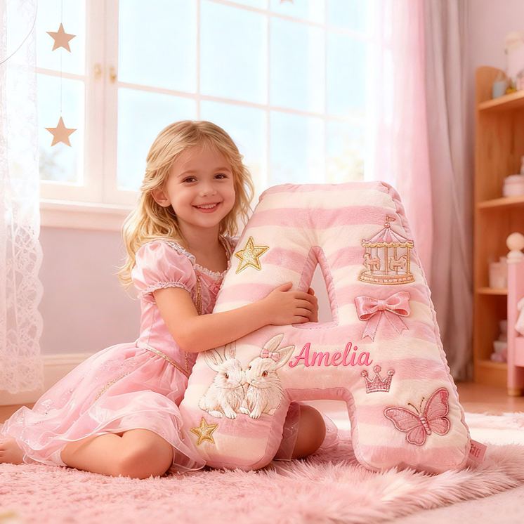 Personalized Pink Striped Bunny Star Butterfly Carousel Letter Initial Custom Name Soft Decorative Gift Cozy Girls Room  Graphic 3D Print Pillows Pillow