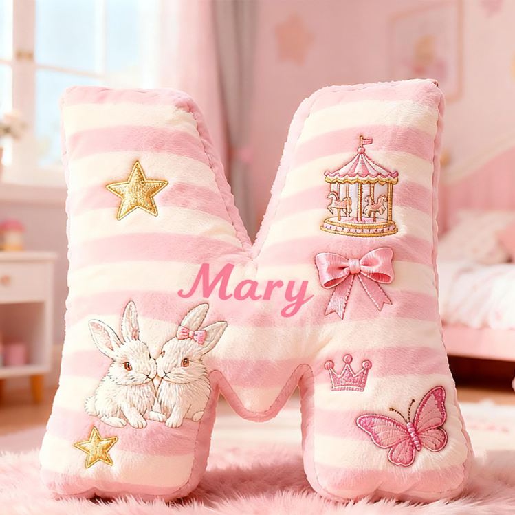 Personalized Pink Striped Bunny Star Butterfly Carousel Letter Initial Custom Name Soft Decorative Gift Cozy Girls Room  Graphic 3D Print Pillows Pillow