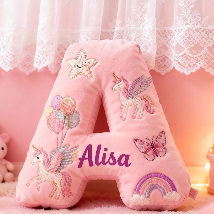 Personalized Pink Rainbow Letter Initial Custom Name Soft Decorative Gift Magical Girls Room Cozy Alphabet Shape  Graphic 3D Print Pillow