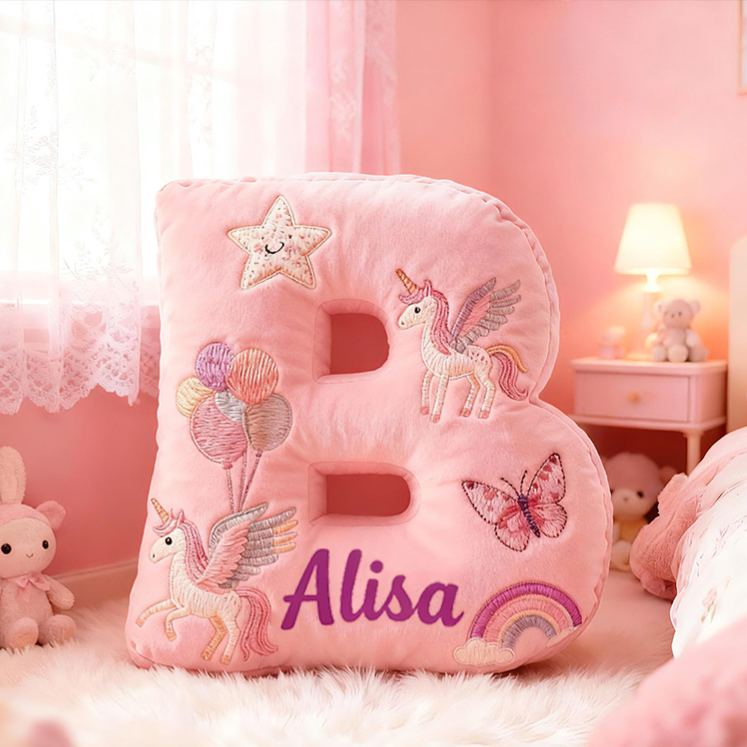 Personalized Pink Rainbow Letter Initial Custom Name Soft Decorative Gift Magical Girls Room Cozy Alphabet Shape  Graphic 3D Print Pillow