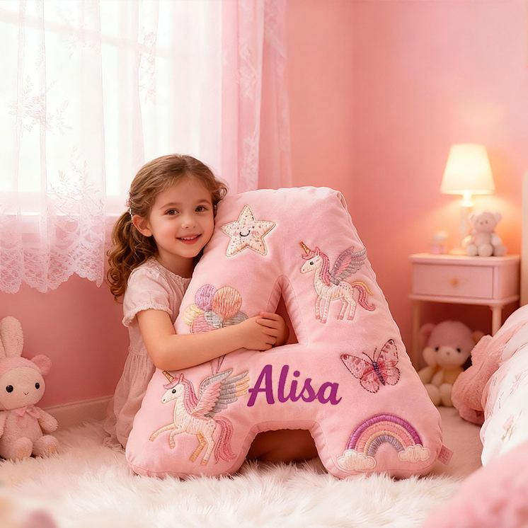 Personalized Pink Rainbow Letter Initial Custom Name Soft Decorative Gift Magical Girls Room Cozy Alphabet Shape  Graphic 3D Print Pillow