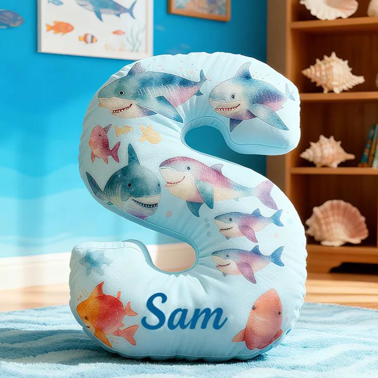 Personalized Shark Letter Initial Custom Name Soft Decorative Gift Fun Kids Room Sea Life Alphabet Shape  Graphic 3D Print Pillow