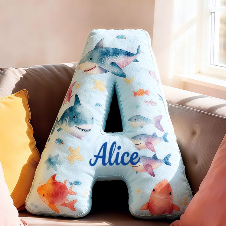 Personalized Shark Letter Initial Custom Name Soft Decorative Gift Fun Kids Room Sea Life Alphabet Shape  Graphic 3D Print Pillow