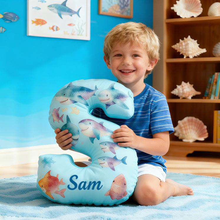 Personalized Shark Letter Initial Custom Name Soft Decorative Gift Fun Kids Room Sea Life Alphabet Shape  Graphic 3D Print Pillow
