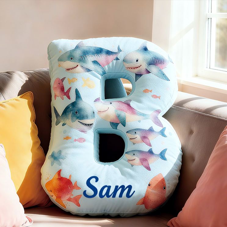 Personalized Shark Letter Initial Custom Name Soft Decorative Gift Fun Kids Room Sea Life Alphabet Shape  Graphic 3D Print Pillow