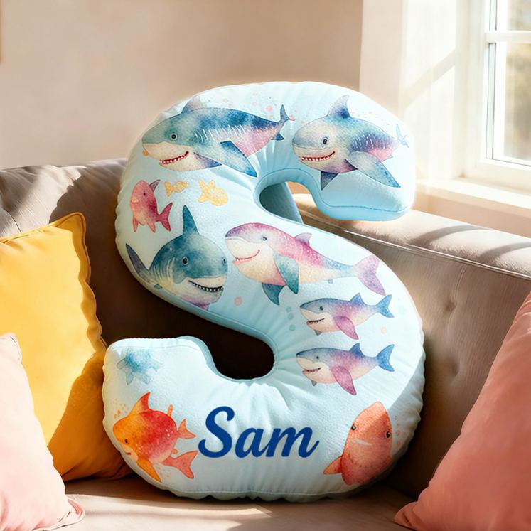 Personalized Shark Letter Initial Custom Name Soft Decorative Gift Fun Kids Room Sea Life Alphabet Shape  Graphic 3D Print Pillow