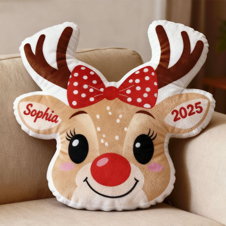 Personalized Cute Reindeer Face with Red Bow Custom Name and Year Soft Holiday Decoration Cozy Christmas Gift Plush  Graphic 3D Print Pillow