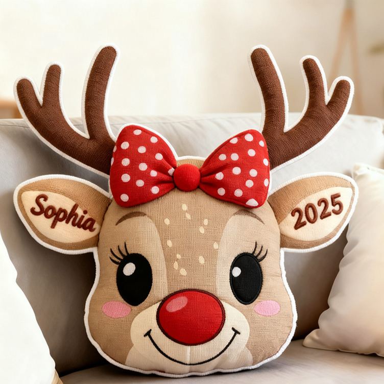 Personalized Cute Reindeer Face with Red Bow Custom Name and Year Soft Holiday Decoration Cozy Christmas Gift Plush Pillow