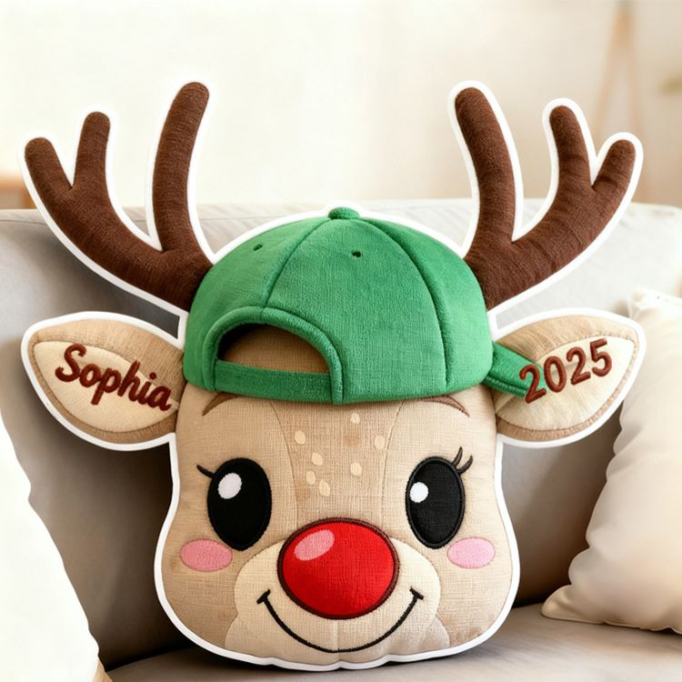 Personalized Cute Reindeer Face with Red Bow Custom Name and Year Soft Holiday Decoration Cozy Christmas Gift Plush Pillow