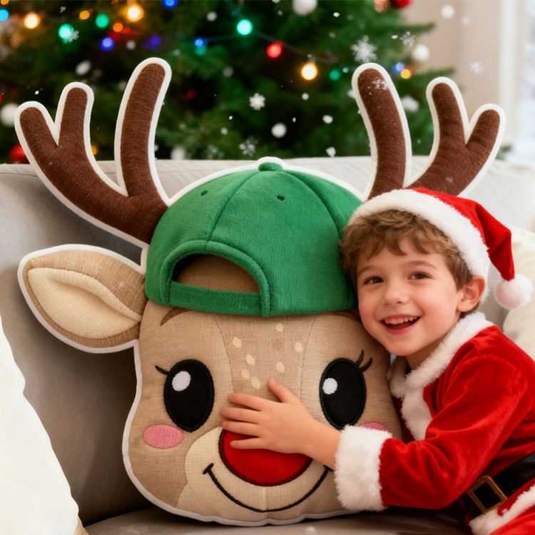 Personalized Cute Reindeer Face with Red Bow Custom Name and Year Soft Holiday Decoration Cozy Christmas Gift Plush Pillow