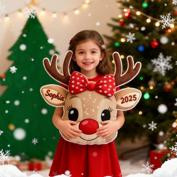 Personalized Cute Reindeer Face with Red Bow Custom Name and Year Soft Holiday Decoration Cozy Christmas Gift Plush Pillow
