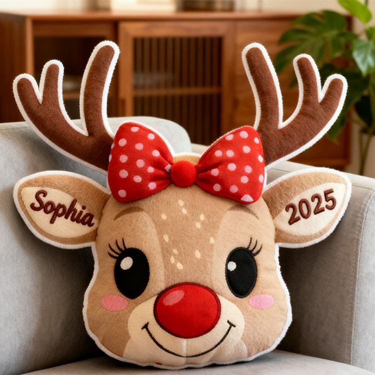 Personalized Cute Reindeer Face with Red Bow Custom Name and Year Soft Holiday Decoration Cozy Christmas Gift Plush Pillow