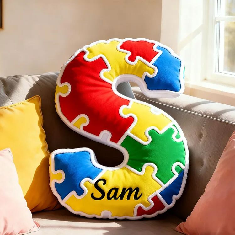Personalized Bright Puzzle Pattern Letter Initial Name Cushion Soft Decorative Gift for Kids Room Fun Alphabet Shape Pillow