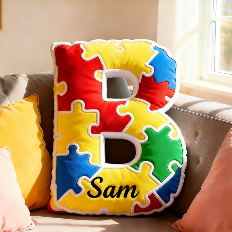 Personalized Bright Puzzle Pattern Letter Initial Name Cushion Soft Decorative Gift for Kids Room Fun Alphabet Shape Pillow