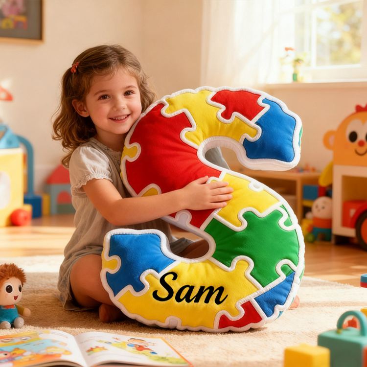 Personalized Bright Puzzle Pattern Letter Initial Name Cushion Soft Decorative Gift for Kids Room Fun Alphabet Shape Pillow