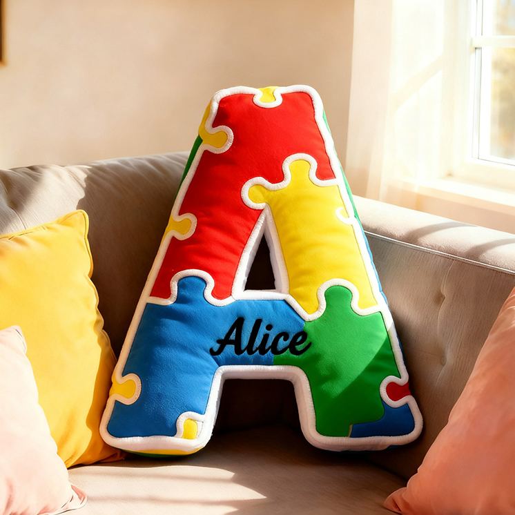 Personalized Bright Puzzle Pattern Letter Initial Name Cushion Soft Decorative Gift for Kids Room Fun Alphabet Shape Pillow