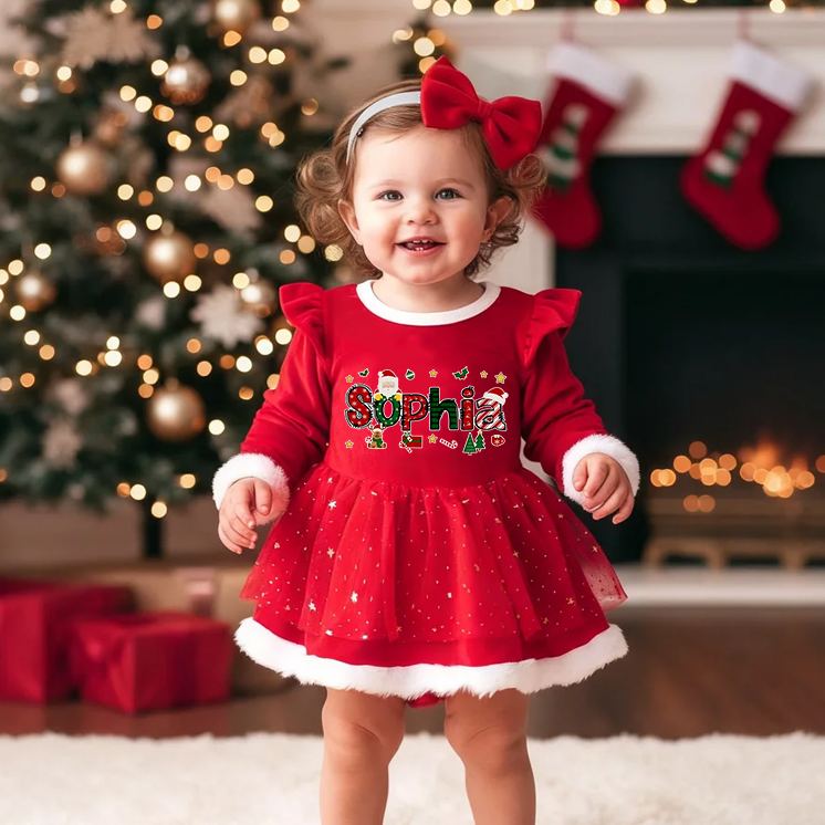 Personalized Baby Girl Name Custom Holiday Outfit Merry Christmas Cute Santa Style Festive Party Adorable Winter Celebration Red Tutu Dress
