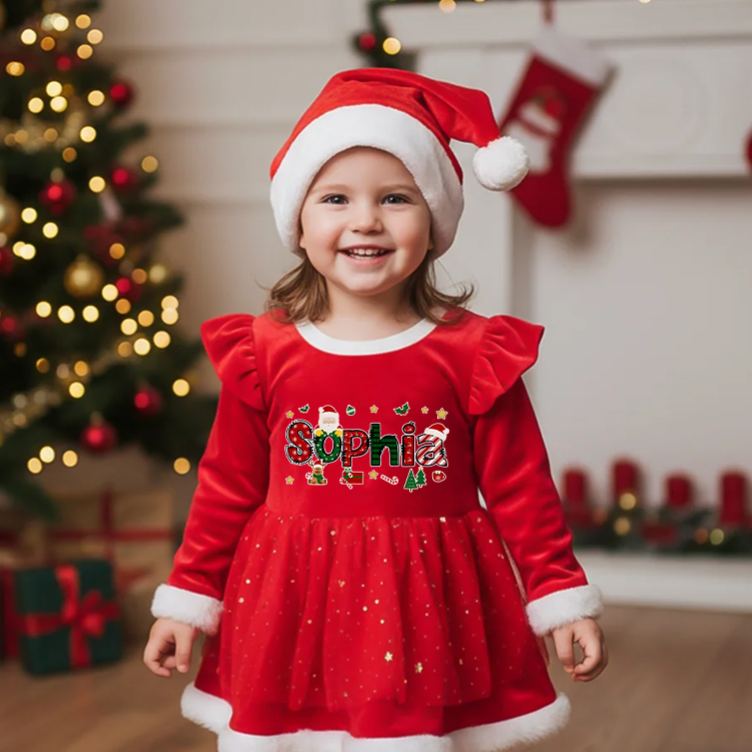 Personalized Baby Girl Name Custom Holiday Outfit Merry Christmas Cute Santa Style Festive Party Adorable Winter Celebration Red Tutu Dress