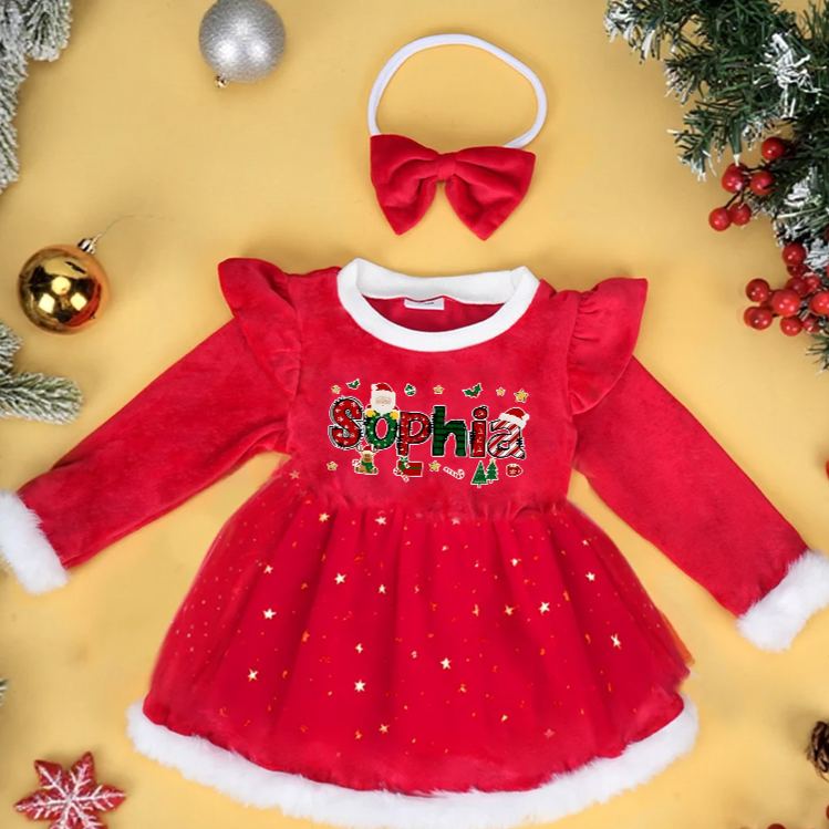 Personalized Baby Girl Name Custom Holiday Outfit Merry Christmas Cute Santa Style Festive Party Adorable Winter Celebration Red Tutu Dress