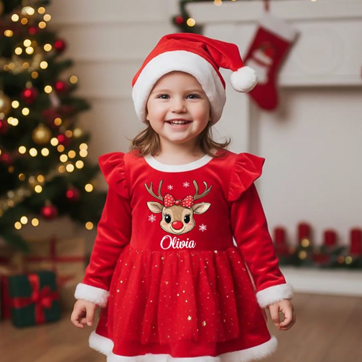 Personalized Baby Reindeer Name Custom Holiday Outfit Cute Festive Christmas Party Wear Adorable Winter Celebration Red Tutu Dress