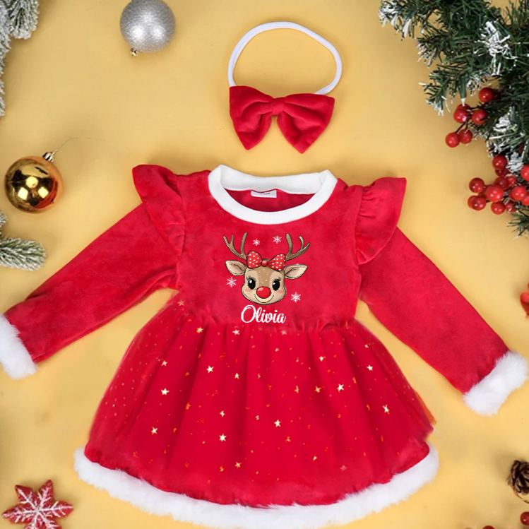 Personalized Baby Reindeer Name Custom Holiday Outfit Cute Festive Christmas Party Wear Adorable Winter Celebration Red Tutu Dress