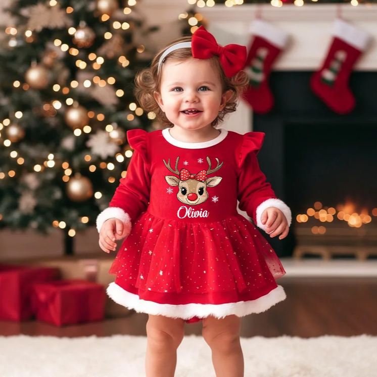 Personalized Baby Reindeer Name Custom Holiday Outfit Cute Festive Christmas Party Wear Adorable Winter Celebration Red Tutu Dress