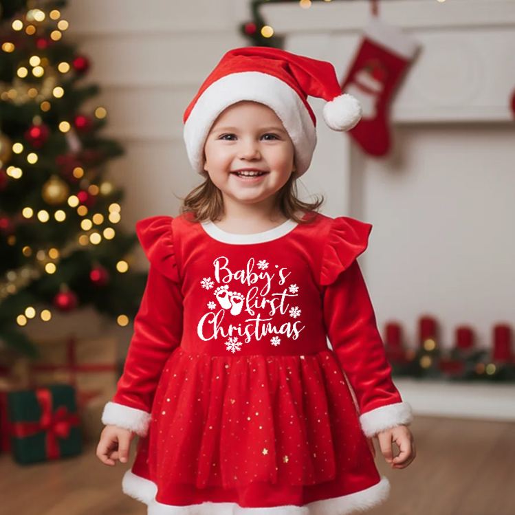 Personalized Baby Girl First Holiday Outfit Custom Name Cute Festive Santa Style Adorable Christmas Party Red Tutu Dress