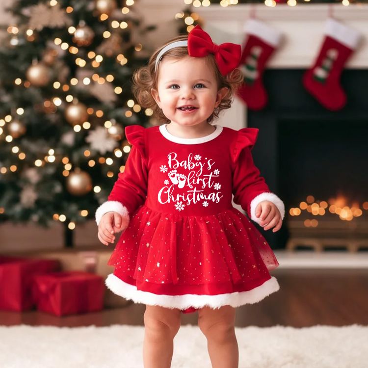 Personalized Baby Girl First Holiday Outfit Custom Name Cute Festive Santa Style Adorable Christmas Party Red Tutu Dress