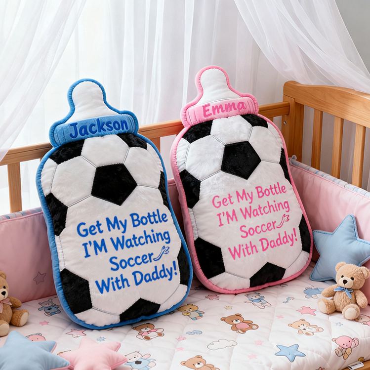 Personalized Soccer Bottle Name Custom Baby Gift Blue Pink Fun Sports Watching Soccer With Daddy Soft Decorative Graphic 3D Print Pillow