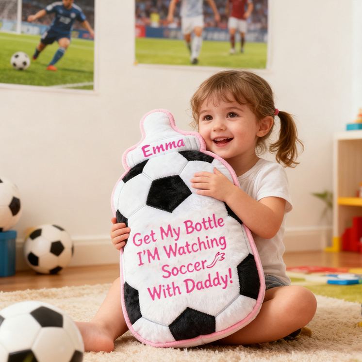 Personalized Soccer Bottle Name Custom Baby Gift Blue Pink Fun Sports Watching Soccer With Daddy Soft Decorative Graphic 3D Print Pillow