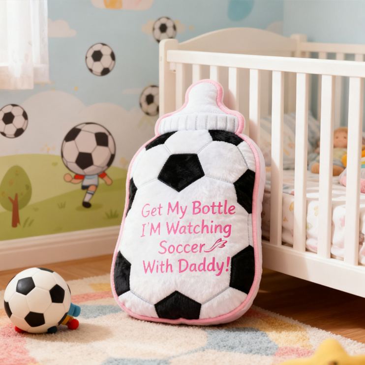 Personalized Soccer Bottle Name Custom Baby Gift Blue Pink Fun Sports Watching Soccer With Daddy Soft Decorative Graphic 3D Print Pillow