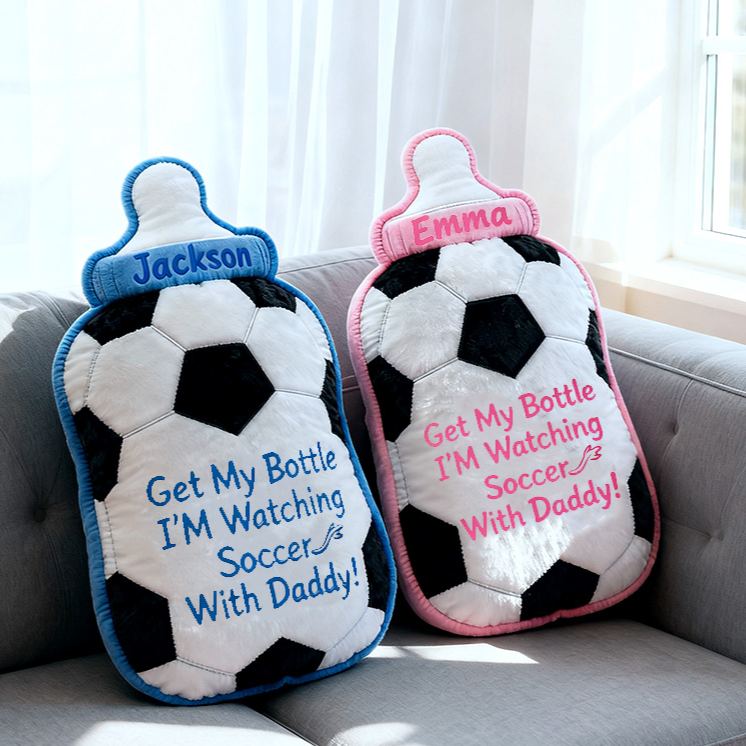 Personalized Soccer Bottle Name Custom Baby Gift Blue Pink Fun Sports Watching Soccer With Daddy Soft Decorative Graphic 3D Print Pillow