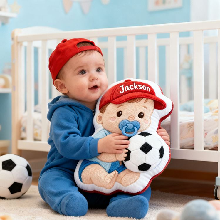 Personalized Baby Boy Name Custom Kids Gift Cute Red Hat Balls Blue Outfit Soft Playful Decorative Graphic 3D Print Pillow