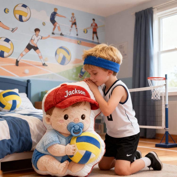 Personalized Baby Boy Name Custom Kids Gift Cute Red Hat Balls Blue Outfit Soft Playful Decorative Graphic 3D Print Pillow