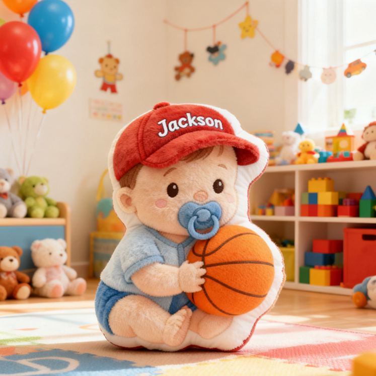 Personalized Baby Boy Name Custom Kids Gift Cute Red Hat Balls Blue Outfit Soft Playful Decorative Graphic 3D Print Pillow