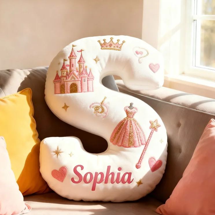 Personalized Princess Letter Name Custom Kids Gift Pink Castle Crown Dress Magic Fairytale Soft Decorative Graphic 3D Print Pillow