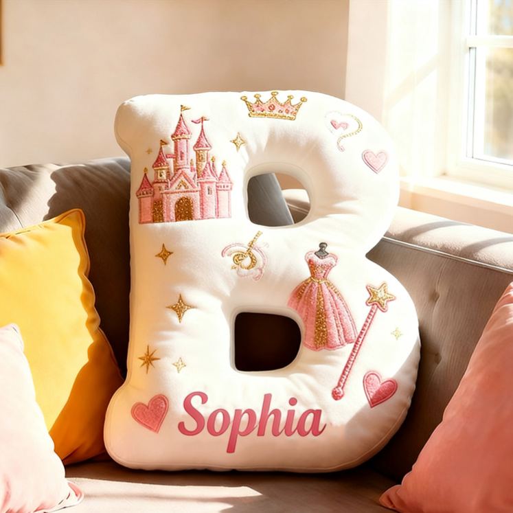 Personalized Princess Letter Name Custom Kids Gift Pink Castle Crown Dress Magic Fairytale Soft Decorative Graphic 3D Print Pillow