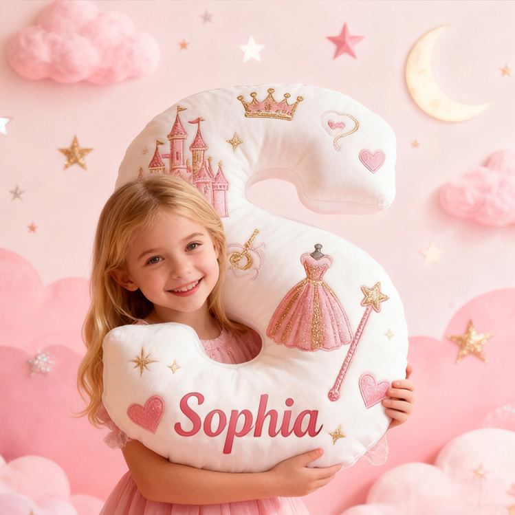 Personalized Princess Letter Name Custom Kids Gift Pink Castle Crown Dress Magic Fairytale Soft Decorative Graphic 3D Print Pillow